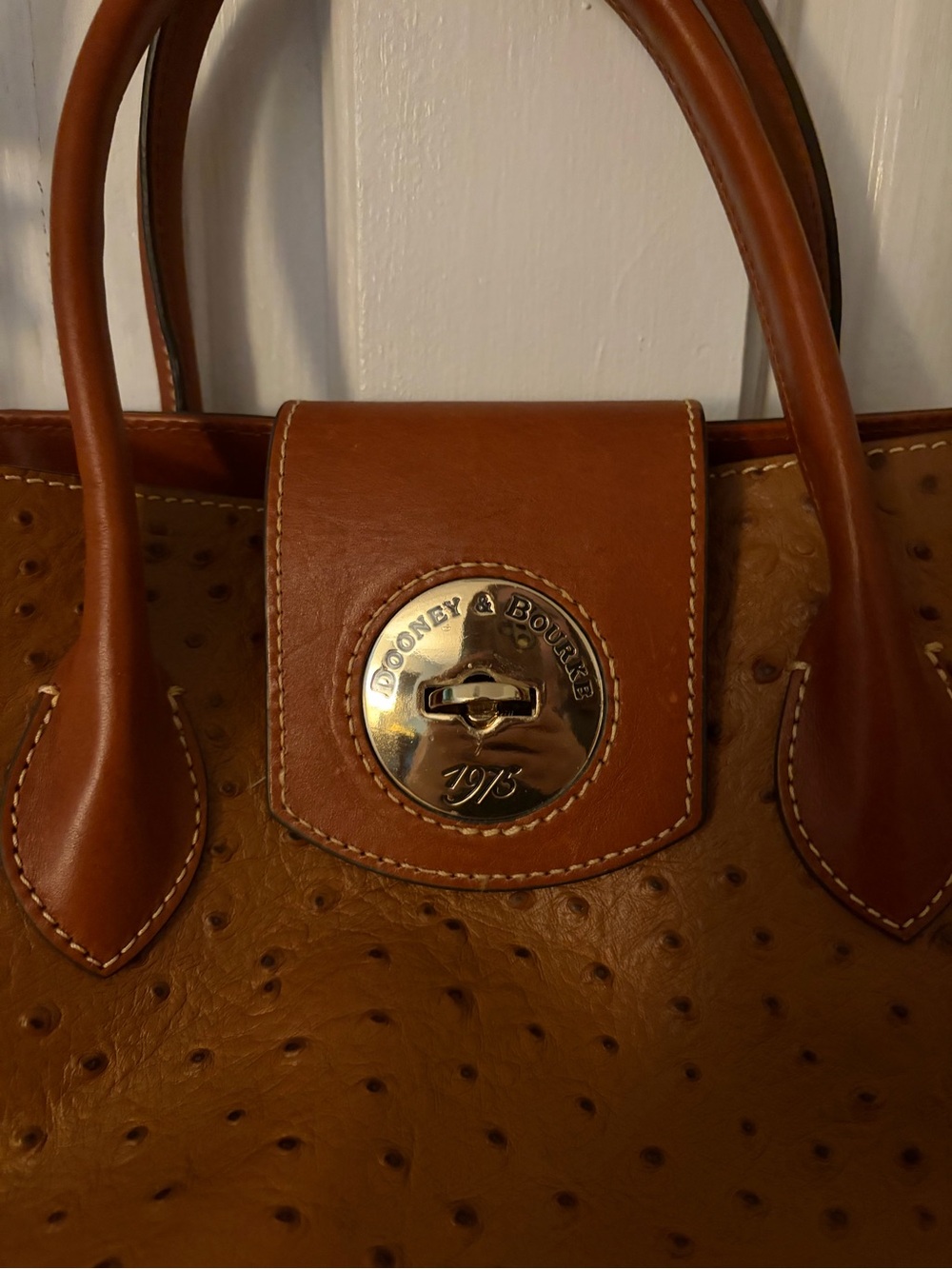 Dooney & Bourke Tan/Brown Ostrich-Embossed Satchel with Shoulder Strap - Picture 3 of 5
